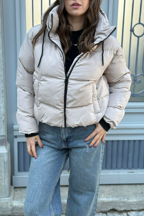 HOODED ONE COLOR WOMEN PUFFER JACKET BEIGE/BEZHE - 3