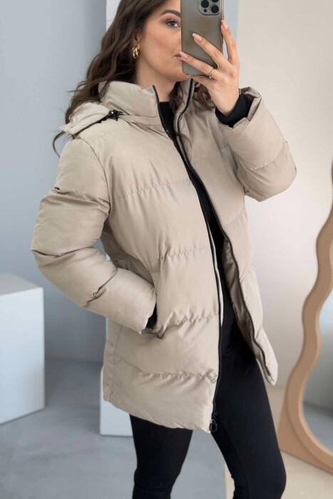 HOODED WOMEN PUFFER JACKET IN BEIGE COLOR - 2