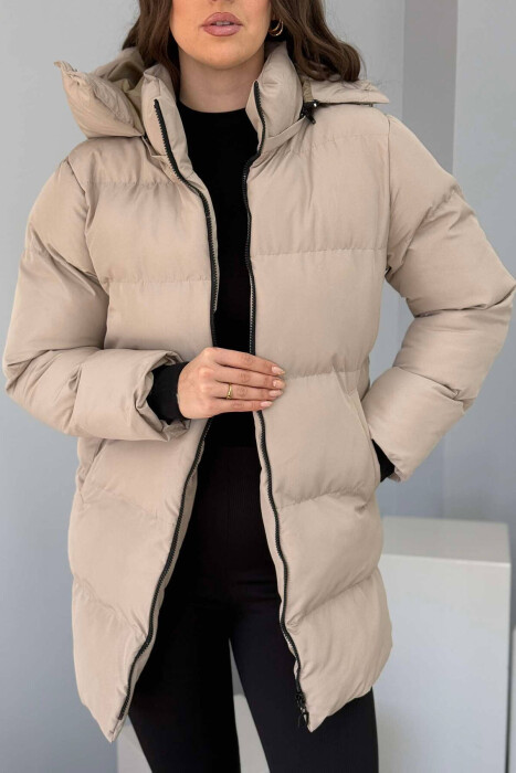 HOODED WOMEN PUFFER JACKET IN BEIGE COLOR - 6