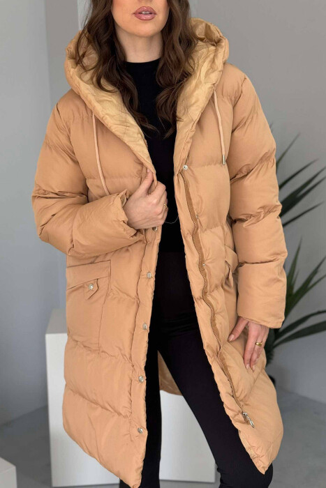 HOODED WOMEN PUFFER JACKET IN BEIGE COLOR - 2