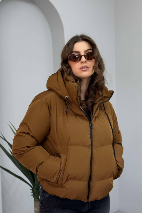 HOODED WOMEN PUFFER JACKET IN BROWN COLOR - 7