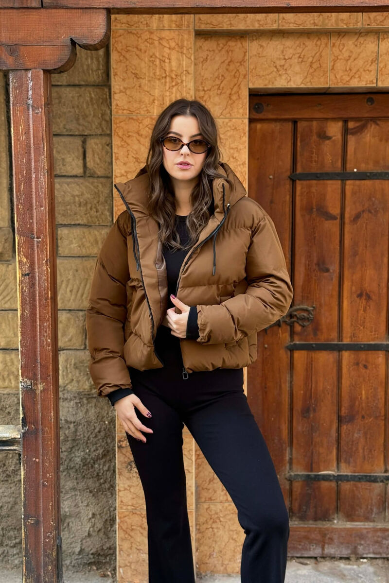 HOODED ONE COLOR WOMEN PUFFER JACKET BROWN/KAFE - 1