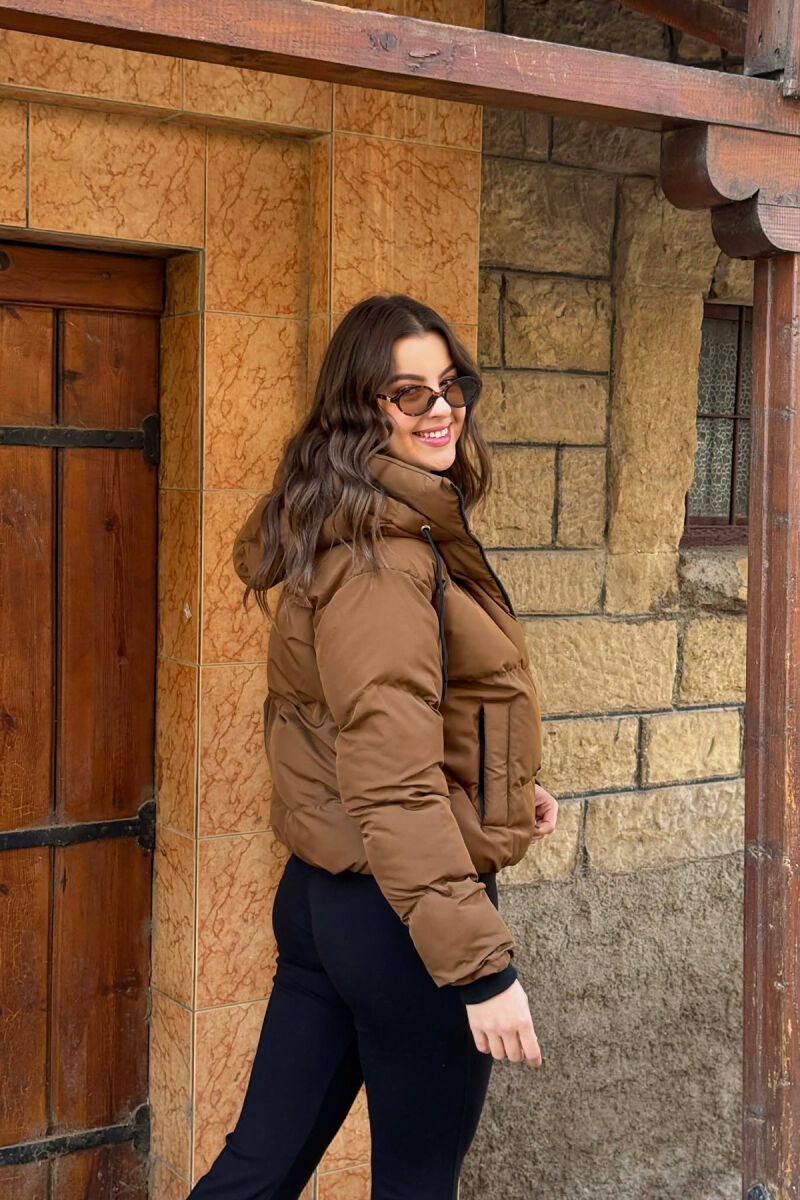 HOODED ONE COLOR WOMEN PUFFER JACKET BROWN/KAFE - 3