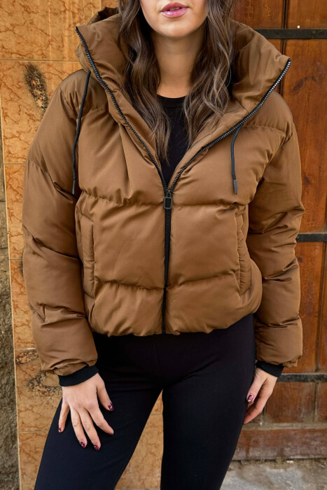HOODED ONE COLOR WOMEN PUFFER JACKET BROWN/KAFE - 4