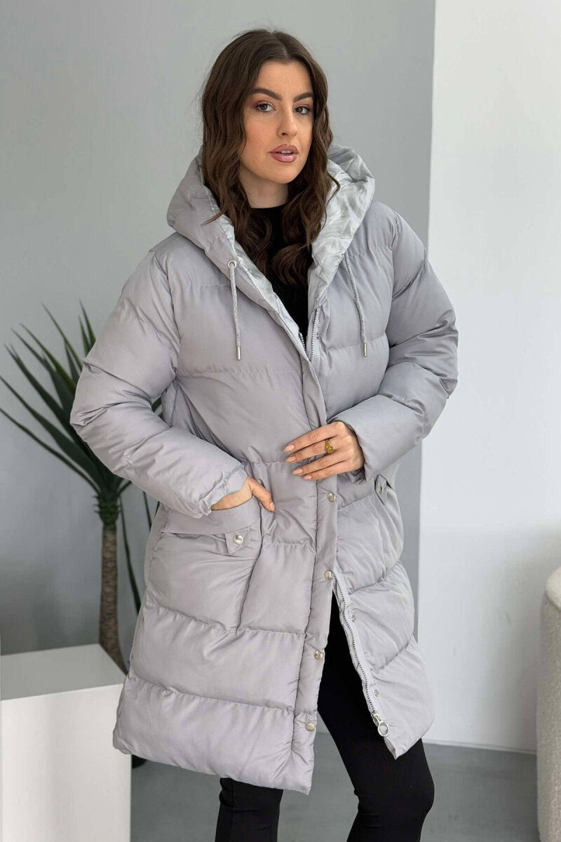 HOODED WOMEN PUFFER JACKET IN GREY COLOR - 1