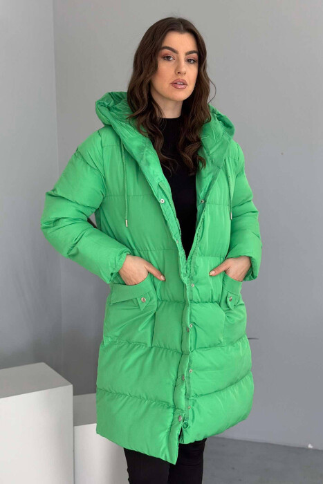 HOODED WOMEN PUFFER JACKET IN LIGHT GREEN COLOR - 1