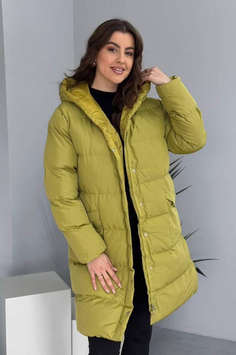 HOODED WOMEN PUFFER JACKET IN OLIVE COLOR - 1