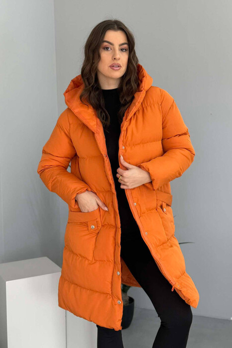 HOODED WOMEN PUFFER JACKET IN ORANGE COLOR - 1