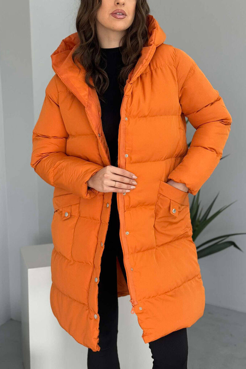 HOODED WOMEN PUFFER JACKET IN ORANGE COLOR - 3