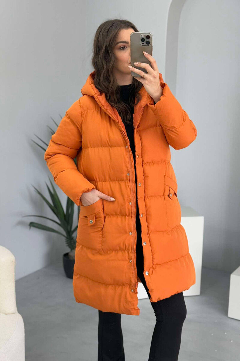 HOODED WOMEN PUFFER JACKET IN ORANGE COLOR - 6