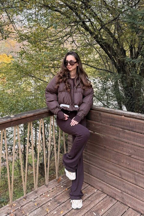 HOODED ZIPPER CROPPED WOMEN PUFFER JACKET BROWN/KAFE - KLAUDIO FASHION