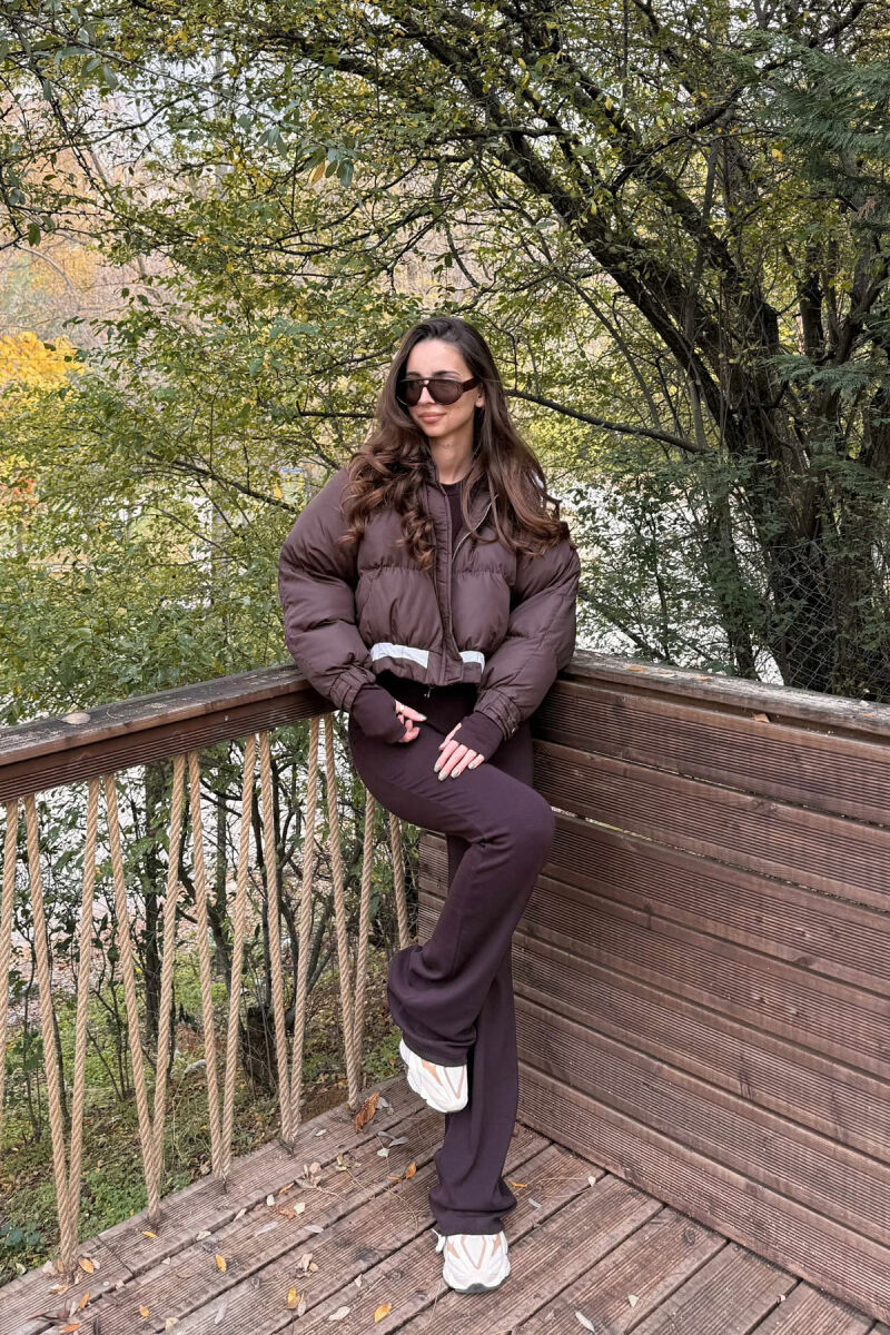 HOODED ZIPPER CROPPED WOMEN JACKET BROWN/KAFE - 1