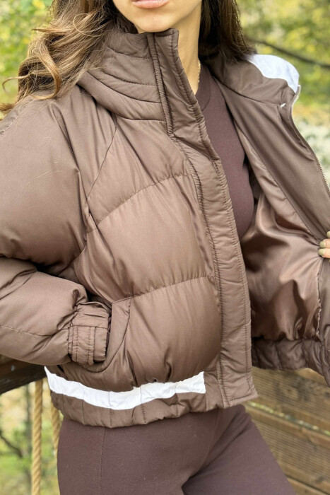 HOODED ZIPPER CROPPED WOMEN JACKET BROWN/KAFE - 2