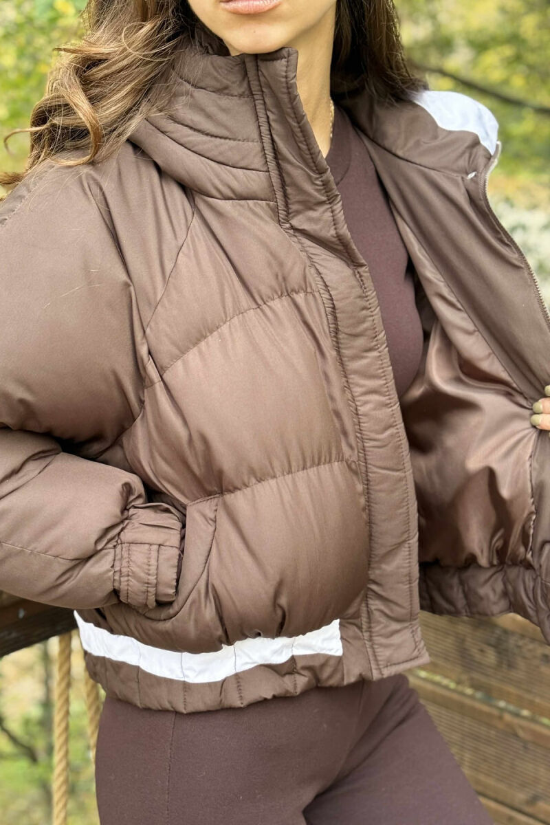 HOODED ZIPPER CROPPED WOMEN JACKET BROWN/KAFE - 2