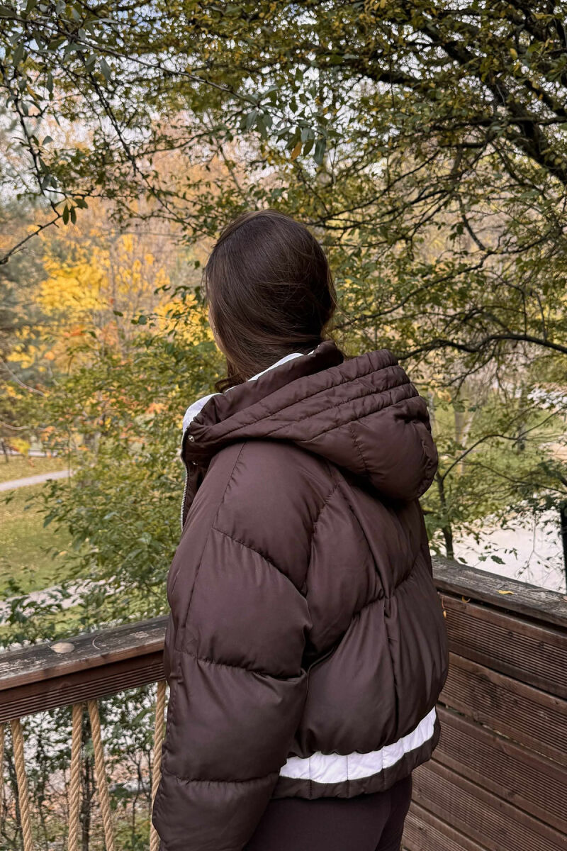 HOODED ZIPPER CROPPED WOMEN JACKET BROWN/KAFE - 3