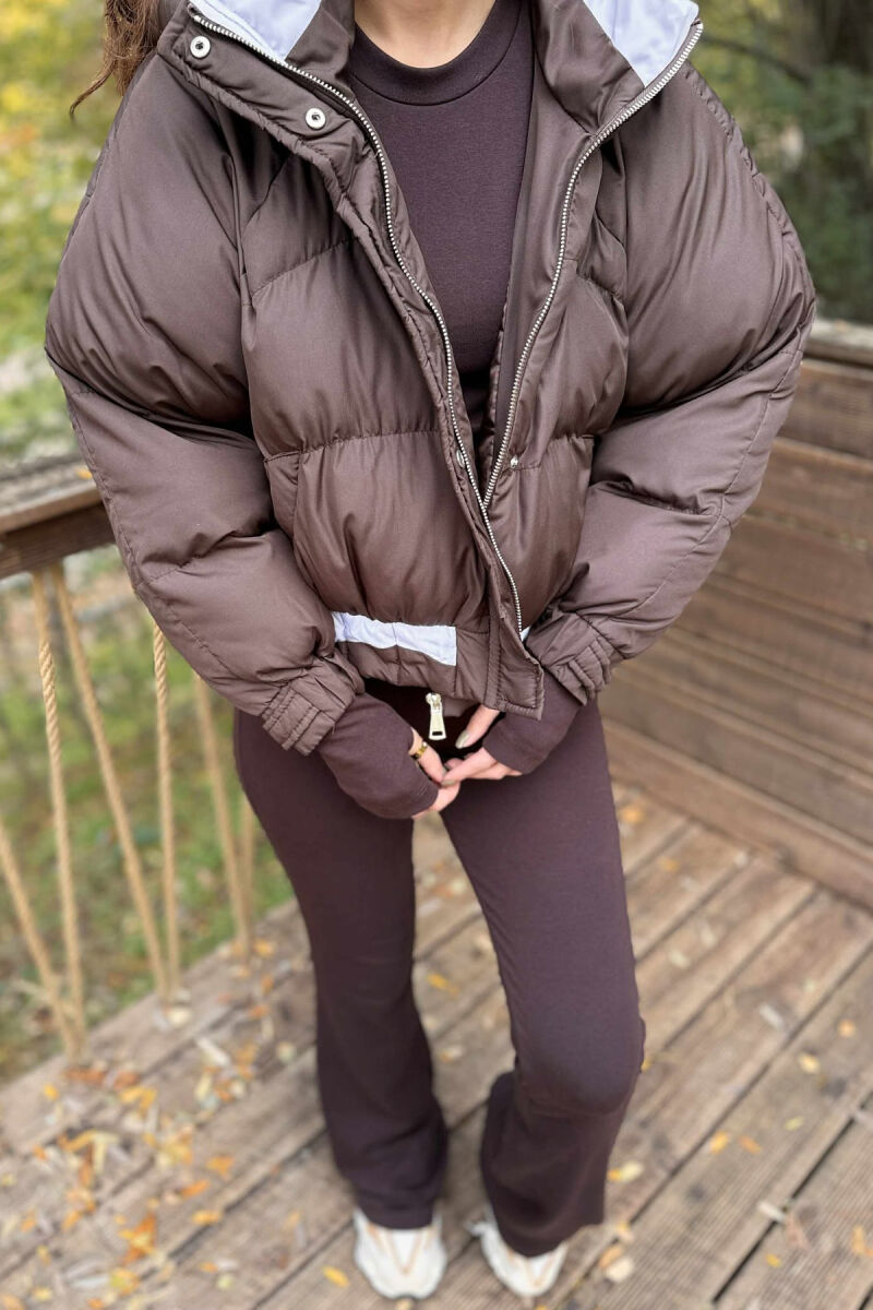 HOODED ZIPPER CROPPED WOMEN JACKET BROWN/KAFE - 4