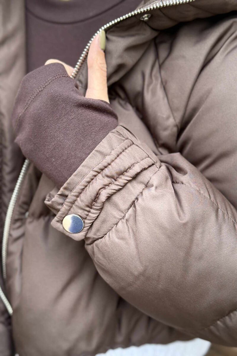 HOODED ZIPPER CROPPED WOMEN JACKET BROWN/KAFE - 5