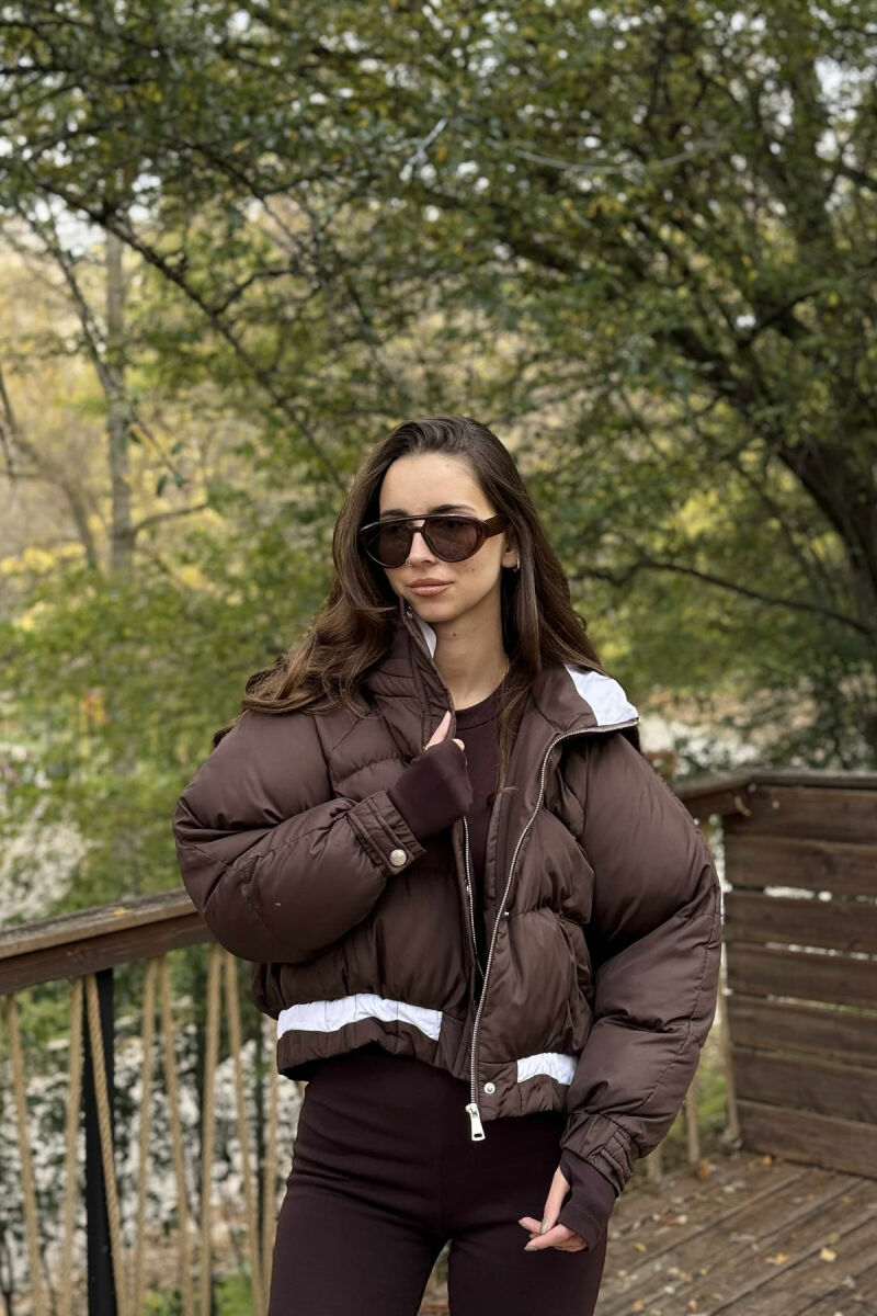 HOODED ZIPPER CROPPED WOMEN JACKET BROWN/KAFE - 6