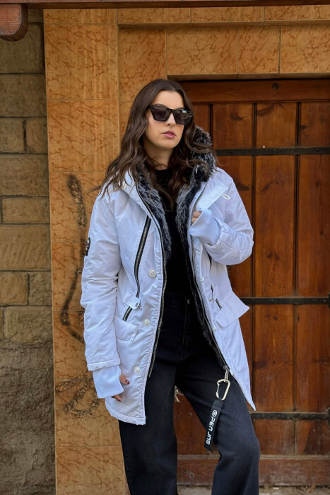 HOODED ZIPPERED WOMEN PUFFER JACKET WHITE-E BARDHE - KLAUDIO FASHION