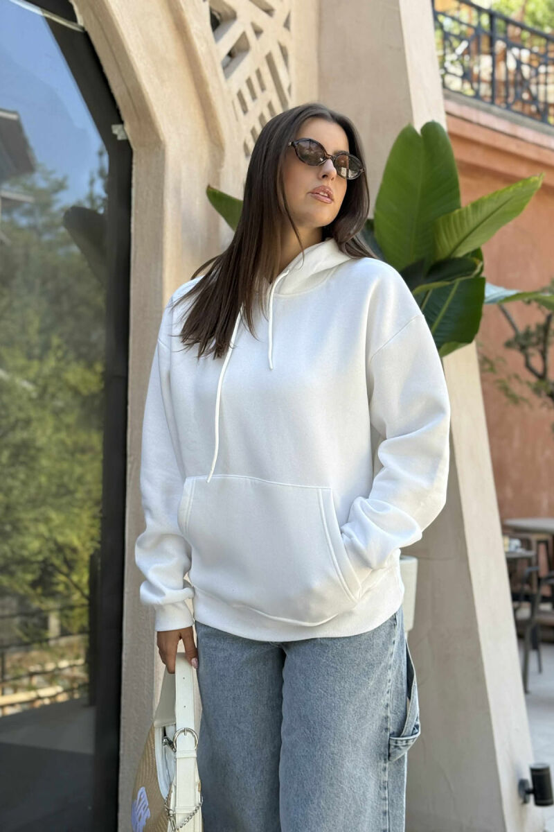 HOODIE E THJESHTË NJË NGJYRËSHE ME PUSH PËR FEMRA NË NGJYRË TË BARDHË - 1