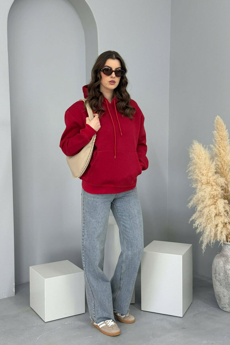 HOODIE E THJESHTE NJË NGJYRESHE ME PUSH PER FEMRA NË NGJYRE VISHNJE - 4