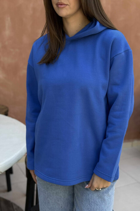 HOODIE E THJESHTË NJË NGJYRËSHE ME PUSH PËR FEMRA NË NGJYRËN BLU - 4