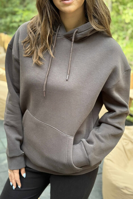 HOODIE E THJESHTË NJË NGJYRËSHE ME PUSH PËR FEMRA NË NGJYRËN GRI HIRI - 4