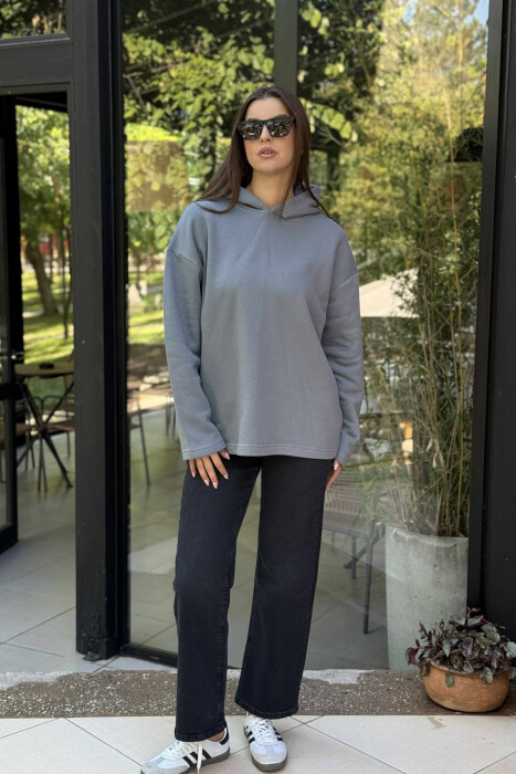 HOODIE E THJESHTË NJË NGJYRËSHE ME PUSH PËR FEMRA NË NGJYRËN GRI - 1