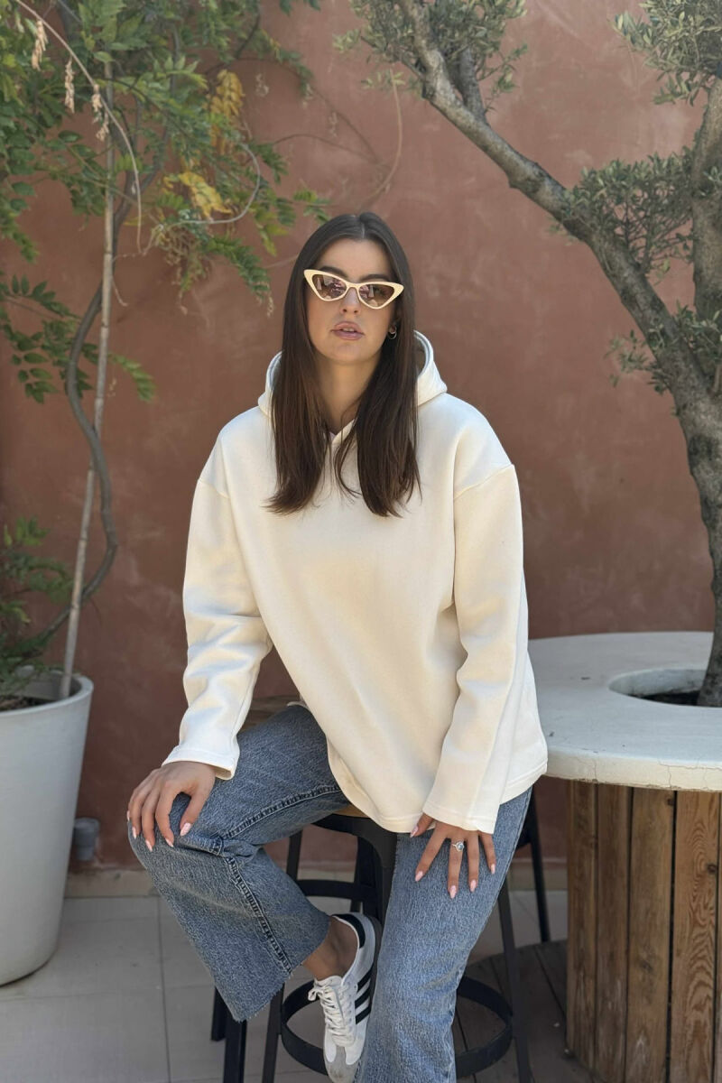 HOODIE E THJESHTË NJË NGJYRËSHE ME PUSH PËR FEMRA NË NGJYRËN KREM - 1