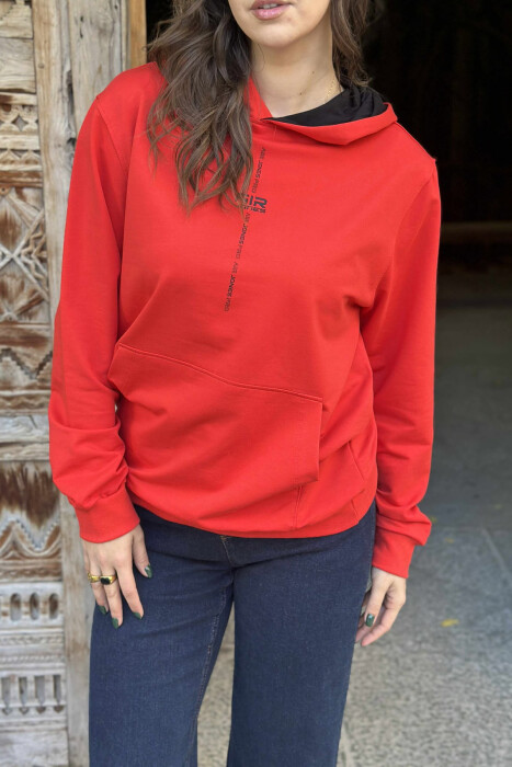 HOODIE E THJESHTË NJË NGJYRËSHE PËR FEMRA NË NGJYRË TË KUQE - 4