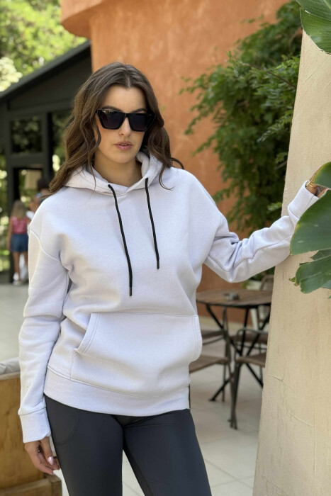 HOODIE E THJESHTË NJËNGJYRËSHE ME PUSH PËR FEMRA NË NGJYRËN LEJLA TË ZBARDHUR - 3