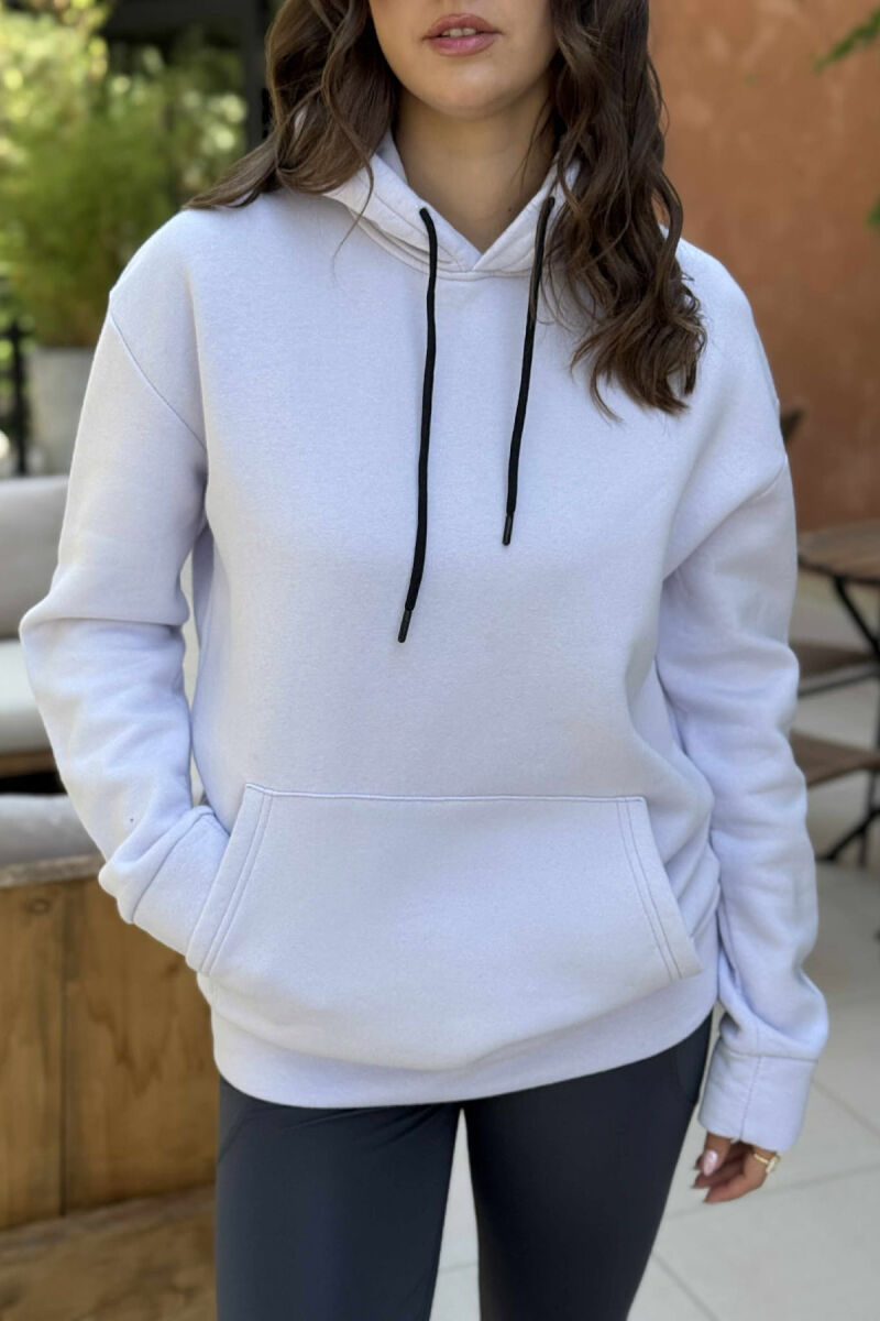 HOODIE E THJESHTË NJËNGJYRËSHE ME PUSH PËR FEMRA NË NGJYRËN LEJLA TË ZBARDHUR - 4