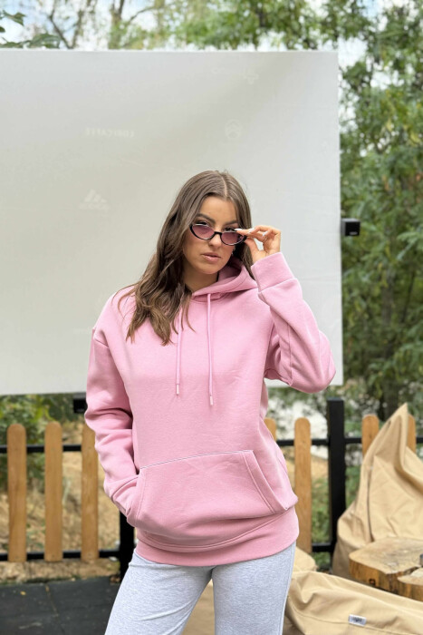 HOODIE E THJESHTË NJËNGJYRËSHE ME PUSH PËR FEMRA NË NGJYRË ROZË - 2