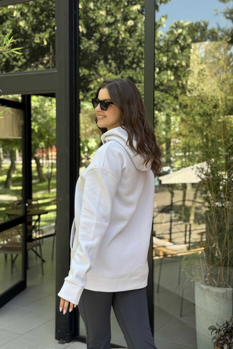 HOODIE E THJESHTË NJËNGJYRËSHE ME PUSH PËR FEMRA NË NGJYRË TË BARDHË ANTIKE - 4