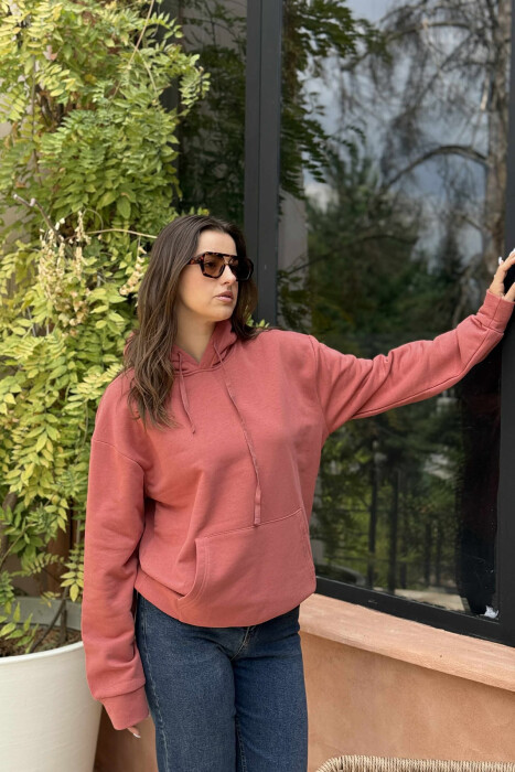 HOODIE E THJESHTË NJËNGJYRËSHE ME PUSH PËR FEMRA NË NGJYRË TULLË - 1