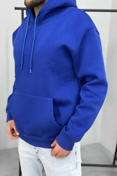 HOODIE E THJESHTË NJËNGJYRËSHE ME PUSH PËR MESHKUJ NË NGJYRËN BLU - 3