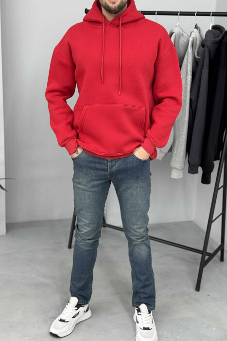 HOODIE E THJESHTË NJËNGJYRËSHE ME PUSH PËR MESHKUJ NË NGJYRËN E KUQE - 1