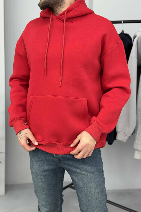 HOODIE E THJESHTË NJËNGJYRËSHE ME PUSH PËR MESHKUJ NË NGJYRËN E KUQE - 2