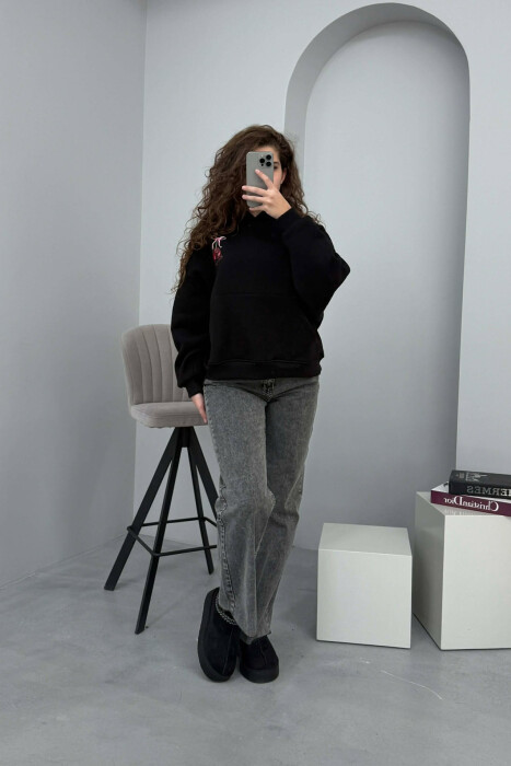 HOODIE ME DIZAJN ME QERSHI NË PJESËN PARA&MBRAPA PËR FEMRA NË NGJYRË TË ZEZË - 6