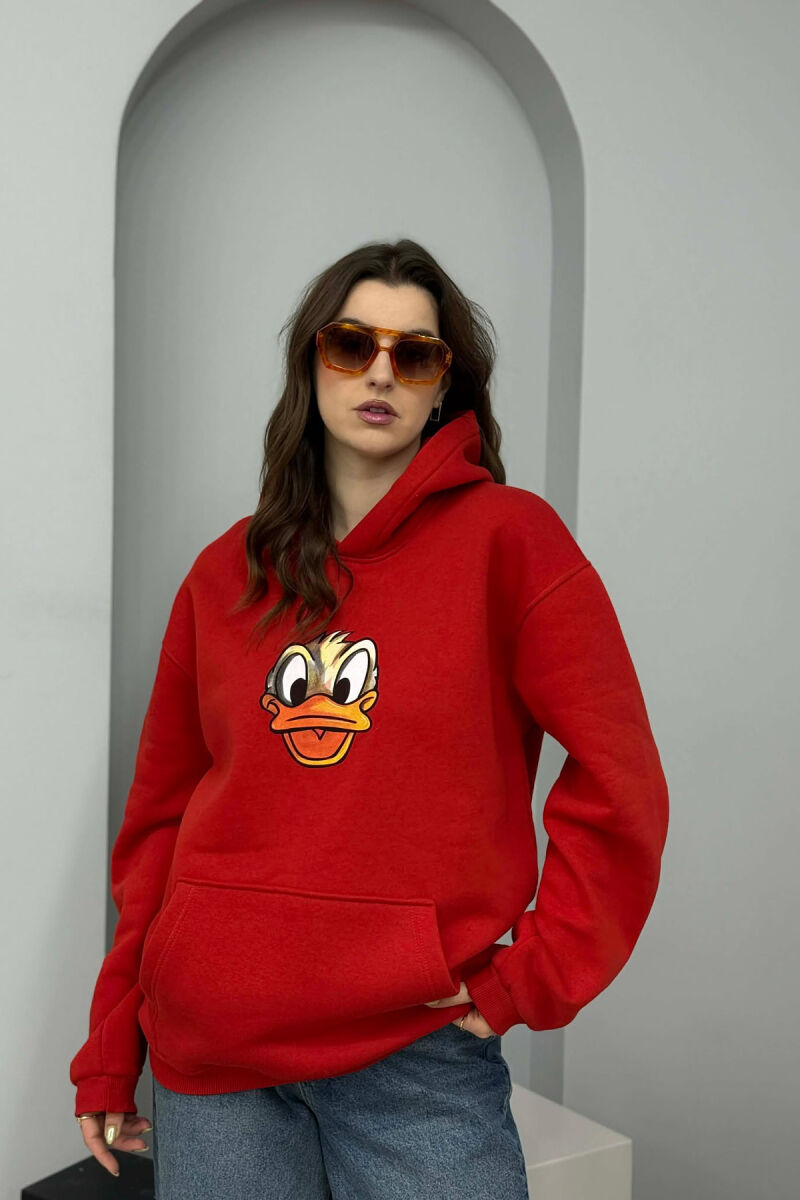 HOODIE ME PUSH DHE ME IMAZH ROSAKU NE PJESEN PARA PER FEMRA NE NGJYRE TE KUQE - 1