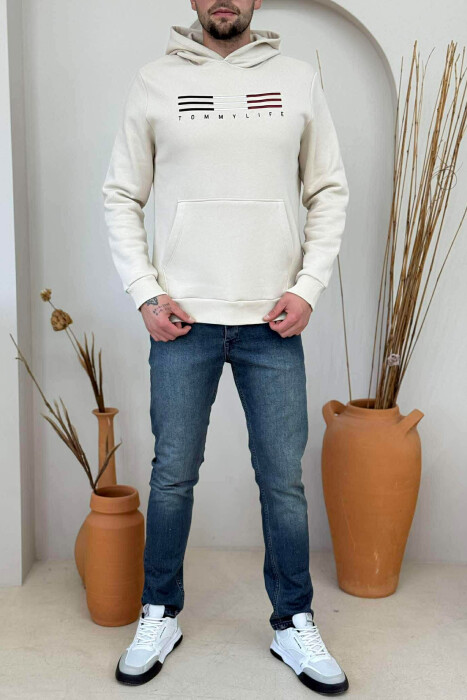 HOODIE ME PUSH DHE ME LOGO PARA PËR MESHKUJ NË NGJYRËN BEZHË - 1