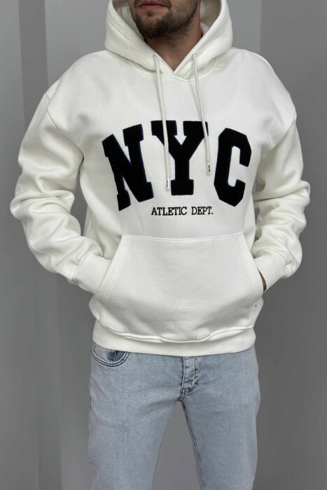 HOODIE ME PUSH DHE ME LOGO TË THJESHTË NYC PARA PËR MESHKUJ NË NGJYRËN E BARDHË - KLAUDIO FASHION