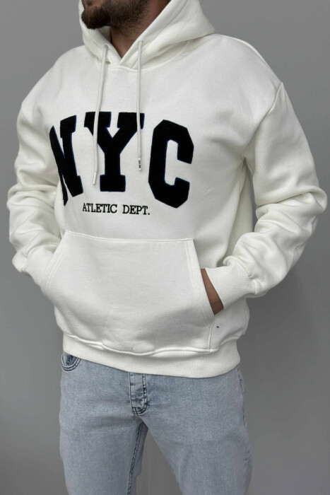HOODIE ME PUSH DHE ME LOGO TË THJESHTË NYC PARA PËR MESHKUJ NË NGJYRËN E BARDHË - 2