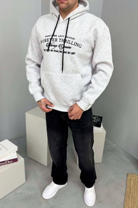 HOODIE ME PUSH DHE ME SHKRIM PARA PËR MESHKUJ NË NGJYRE GRI TE ZBARDHUR - 1