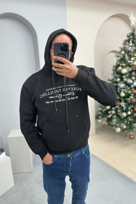 HOODIE ME PUSH DHE ME SHKRIM PARA PËR MESHKUJ NË NGJYRE TE ZEZE - 3