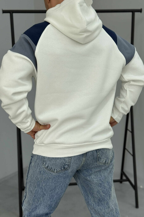 HOODIE ME PUSH DHE ME SHKRIM TË THJESHTË NË PJESËN PARA PËR MESHKUJ NË NGJYRË TË BARDHË - 3