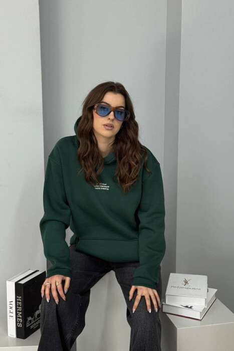 HOODIE ME PUSH DHE SHKRIME NE PJESEN PARA PER FEMRA NE NGJYRE JESHILE TE ERRET - 2