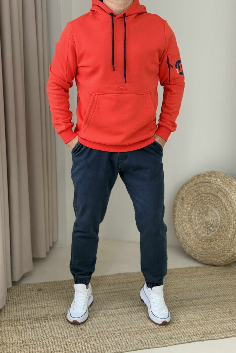 HOODIE ME PUSH ME DETAJIN E XHEPIT PËR MESHKUJ NË NGJYRËN PORTOKALLI - 1