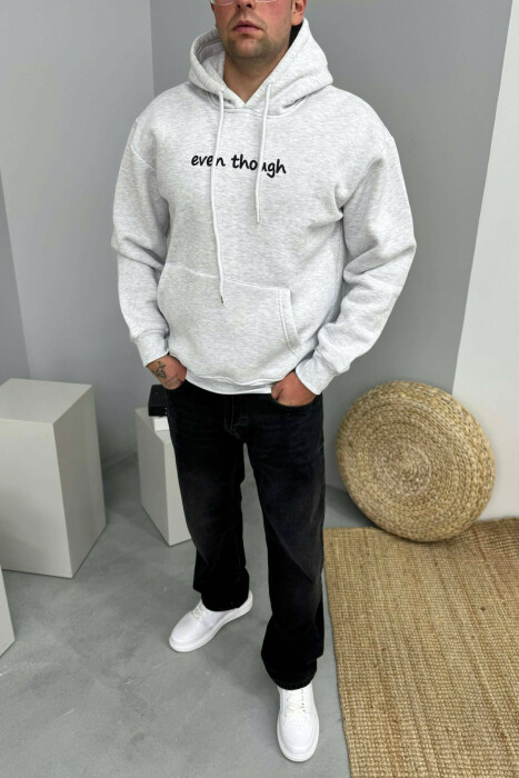 HOODIE ME PUSH SHKRIM PARA DHE ME DIZAJN MBRAPA PËR MESHKUJ NË NGJYRE GRI TE ZBARDHUR - 1