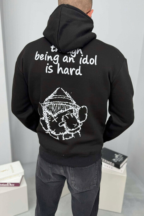 HOODIE ME PUSH SHKRIM PARA DHE ME DIZAJN MBRAPA PËR MESHKUJ NË NGJYRE TE ZEZE - 3